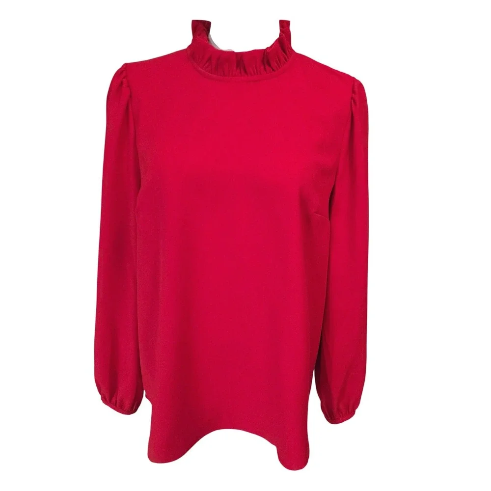 J. Crew Red Ruffle Neck‎ Puffed Sleeve Blouse Women's Size S